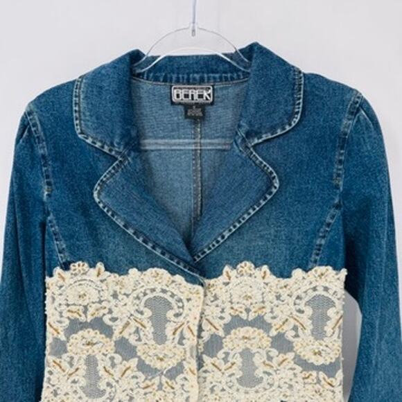 Vintage Berek 2 Takako Sakon Jean Jacket Womens Small Blue Lace Bead Trim Cotton - Picture 2 of 11